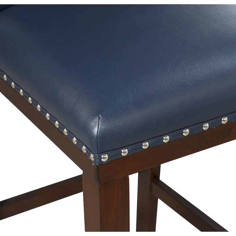 Sgabello da bancone imbottito, borchie decorative, similpelle, set da 2 — Blu navy/Nero/Rosso/Caramello/Verde pavone
