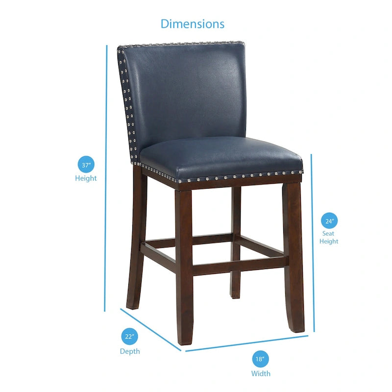 Sgabello da bancone imbottito, borchie decorative, similpelle, set da 2 — Blu navy/Nero/Rosso/Caramello/Verde pavone