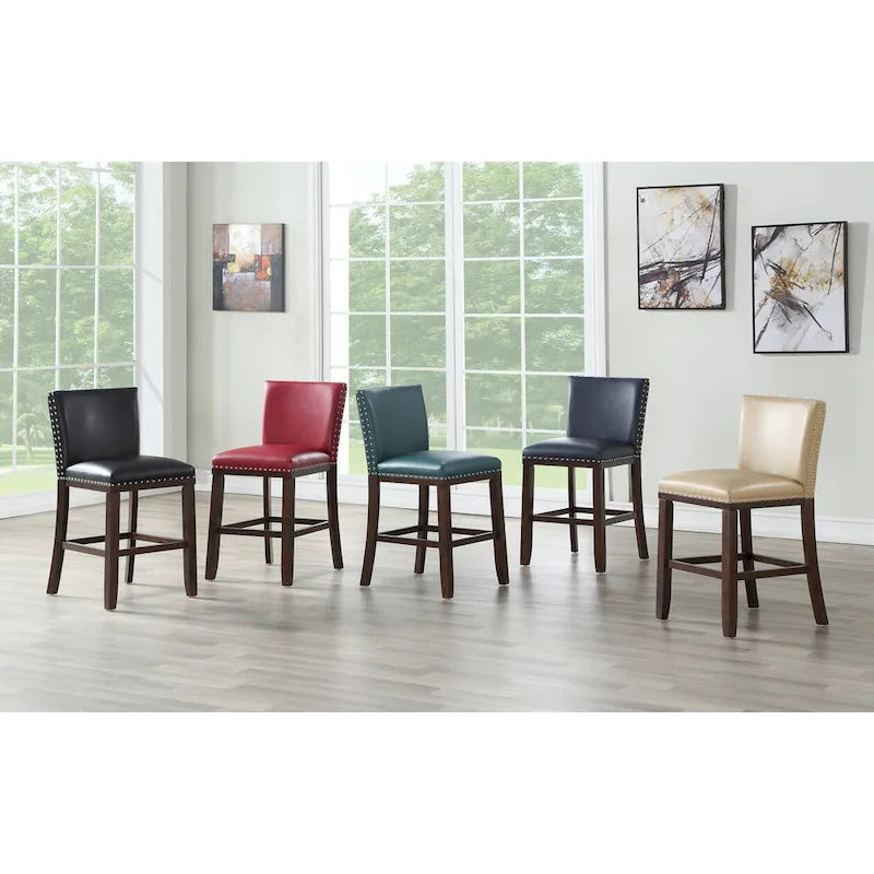 Sgabello da bancone imbottito, borchie decorative, similpelle, set da 2 — Blu navy/Nero/Rosso/Caramello/Verde pavone