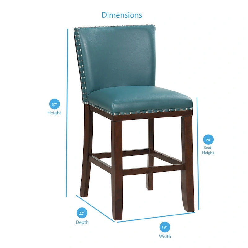 Sgabello da bancone imbottito, borchie decorative, similpelle, set da 2 — Blu navy/Nero/Rosso/Caramello/Verde pavone