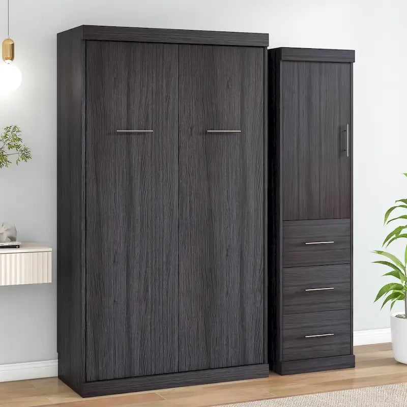 Letto a scomparsa matrimoniale grigio con armadio e 3 cassetti, singolo