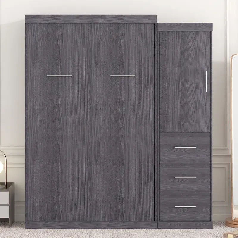 Letto a scomparsa matrimoniale grigio con armadio e 3 cassetti, singolo