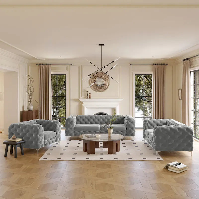Set Chesterfield in Velluto Trapuntato, Blu Navy / Grigio / Blu Francia / Verde Petrolio, 3 pezzi