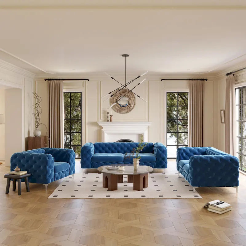 Set Chesterfield in Velluto Trapuntato, Blu Navy / Grigio / Blu Francia / Verde Petrolio, 3 pezzi