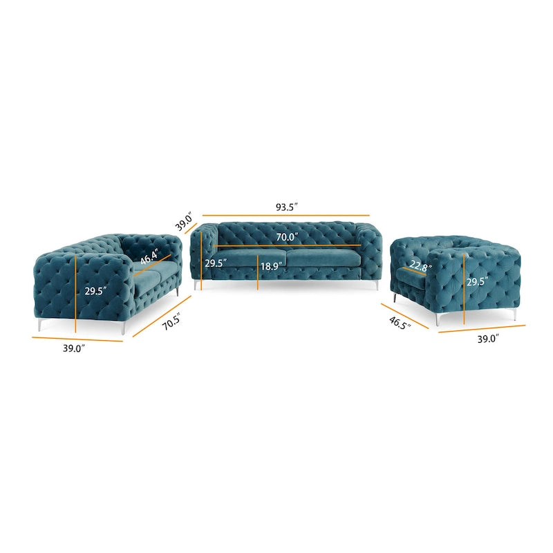 Set Chesterfield in Velluto Trapuntato, Blu Navy / Grigio / Blu Francia / Verde Petrolio, 3 pezzi