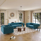 Set Chesterfield in Velluto Trapuntato, Blu Navy / Grigio / Blu Francia / Verde Petrolio, 3 pezzi