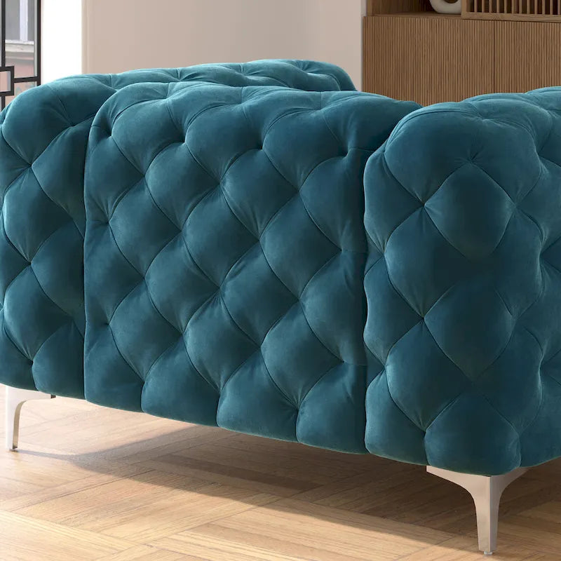Set Chesterfield in Velluto Trapuntato, Blu Navy / Grigio / Blu Francia / Verde Petrolio, 3 pezzi