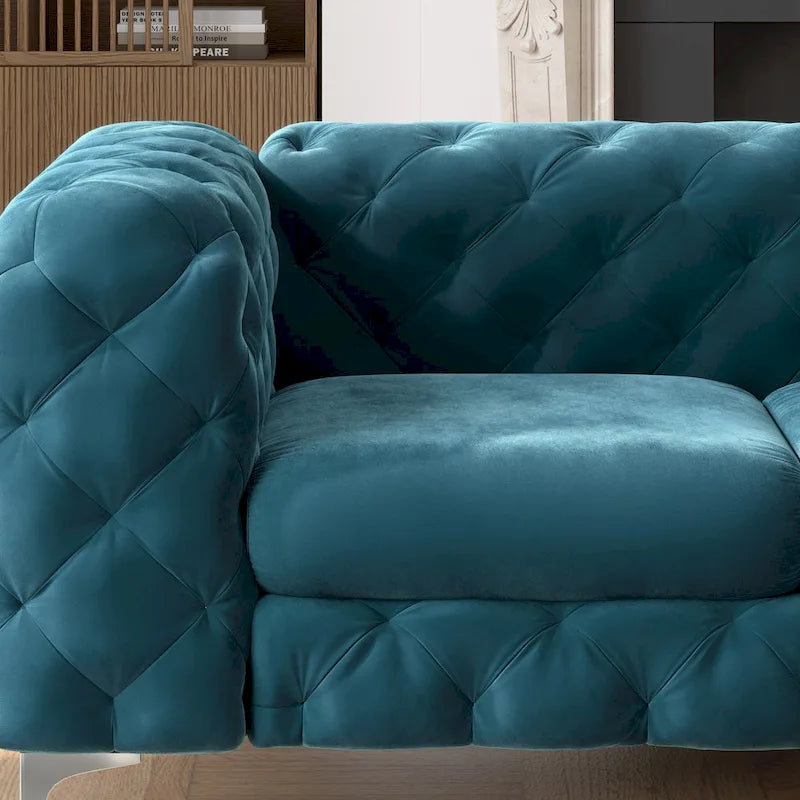 Set Chesterfield in Velluto Trapuntato, Blu Navy / Grigio / Blu Francia / Verde Petrolio, 3 pezzi