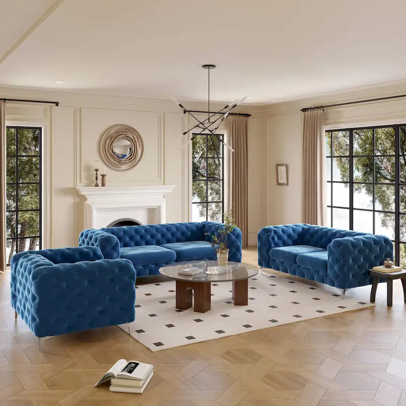 Set Chesterfield in Velluto Trapuntato, Blu Navy / Grigio / Blu Francia / Verde Petrolio, 3 pezzi
