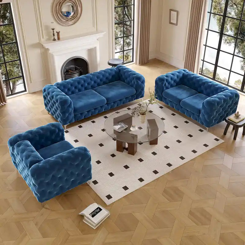 Set Chesterfield in Velluto Trapuntato, Blu Navy / Grigio / Blu Francia / Verde Petrolio, 3 pezzi