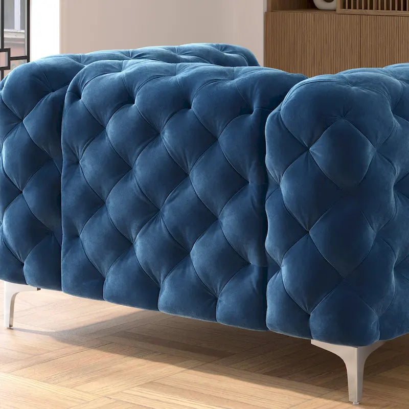 Set Chesterfield in Velluto Trapuntato, Blu Navy / Grigio / Blu Francia / Verde Petrolio, 3 pezzi