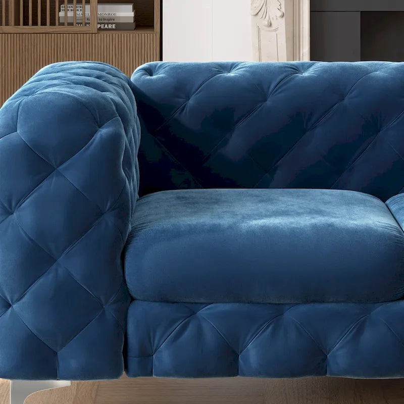 Set Chesterfield in Velluto Trapuntato, Blu Navy / Grigio / Blu Francia / Verde Petrolio, 3 pezzi