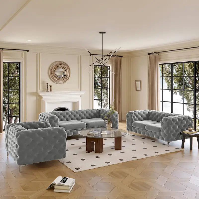 Set Chesterfield in Velluto Trapuntato, Blu Navy / Grigio / Blu Francia / Verde Petrolio, 3 pezzi