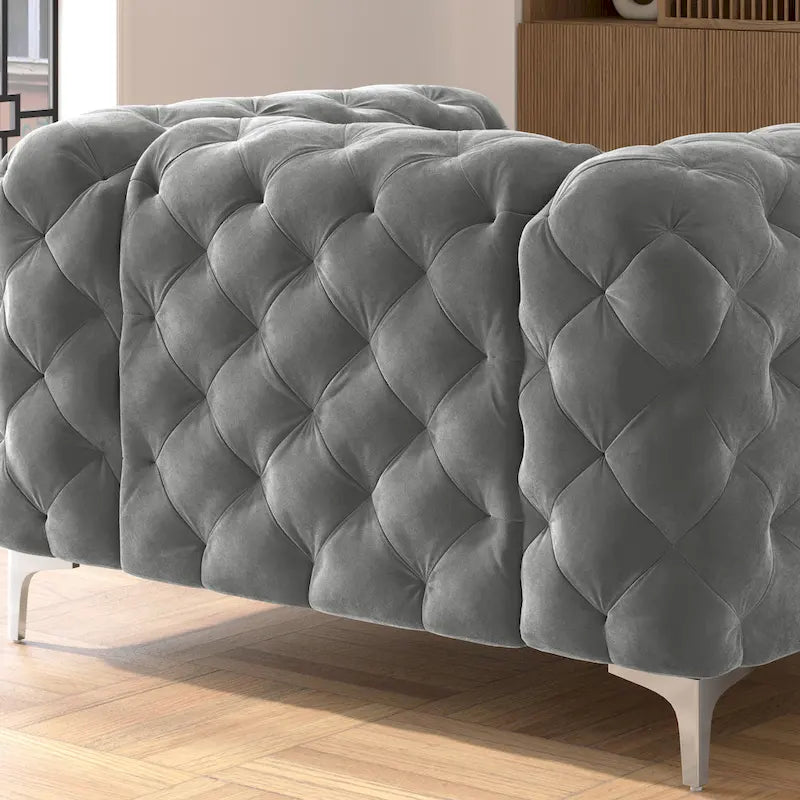 Set Chesterfield in Velluto Trapuntato, Blu Navy / Grigio / Blu Francia / Verde Petrolio, 3 pezzi
