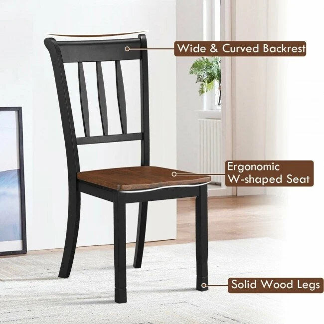 Sedia da pranzo in legno massello con schienale a fusi, Nero/Bianco – Set da 2