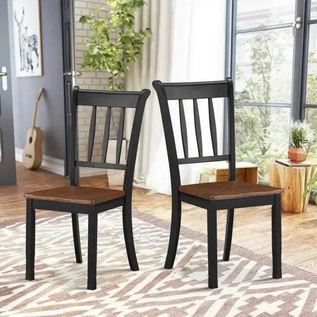 Sedia da pranzo in legno massello con schienale a fusi, Nero/Bianco – Set da 2