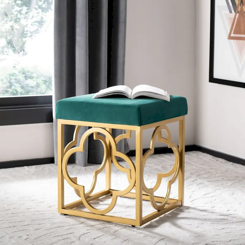 Pouf quadrato in velluto con bordo dorato — Blu navy / Smeraldo / Crema, Seduta singola