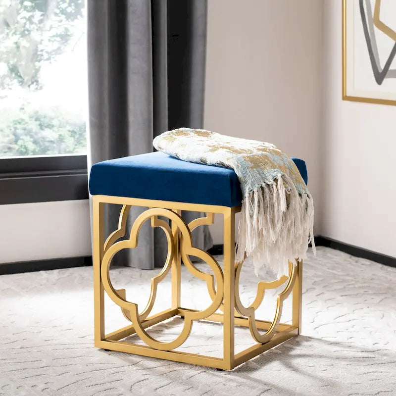 Pouf quadrato in velluto con bordo dorato — Blu navy / Smeraldo / Crema, Seduta singola