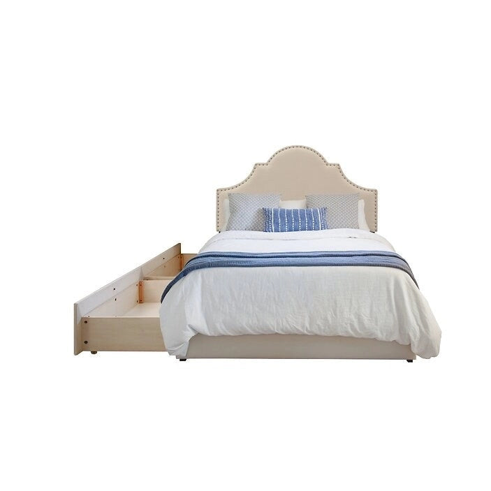 Letto imbottito grigio con piattaforma e 2 cassetti portaoggetti, Queen/King