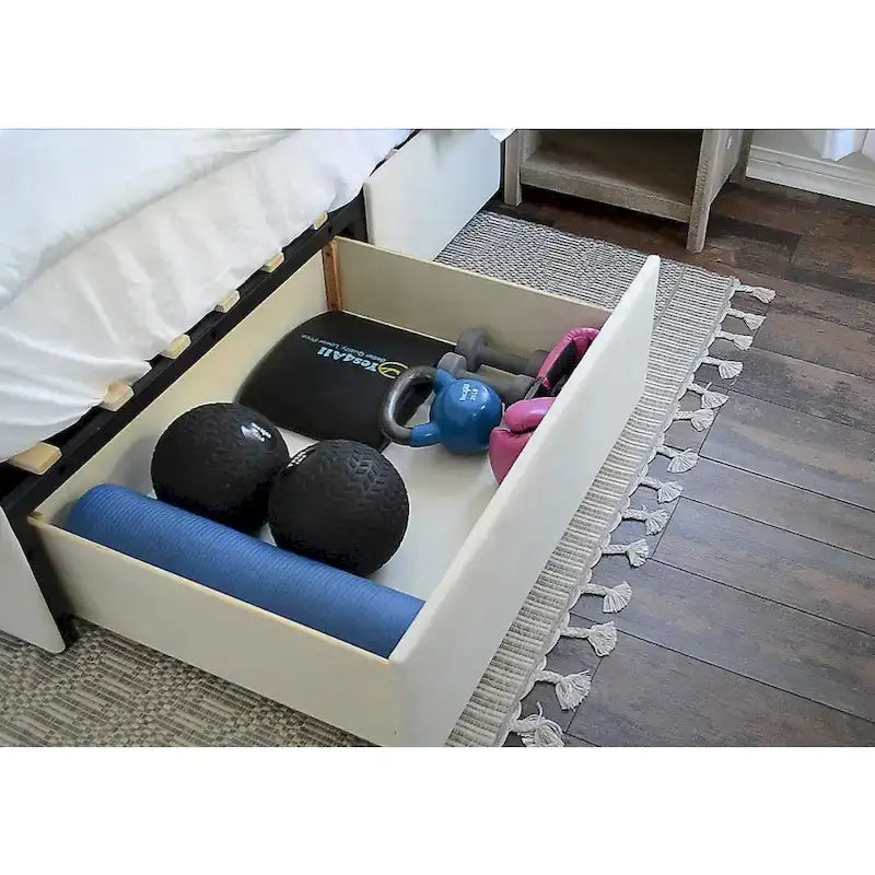 Letto imbottito grigio con piattaforma e 2 cassetti portaoggetti, Queen/King