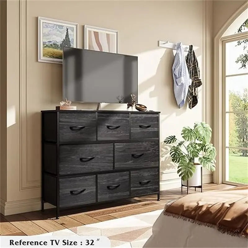 Comò a 8 cassetti e porta TV – Nero Antracite / Greige / Grigio Scuro