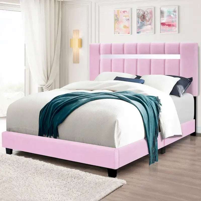 Struttura Letto in Velluto Rosa, Imbottita in Schiuma, Singola