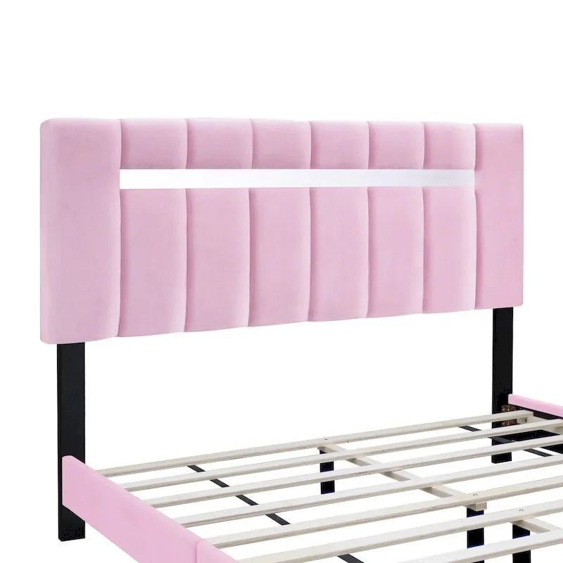 Struttura Letto in Velluto Rosa, Imbottita in Schiuma, Singola