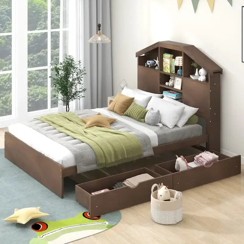 Letto a Piattaforma con Testiera a Casetta e 2 Cassetti – Noce / Grigio, Singolo