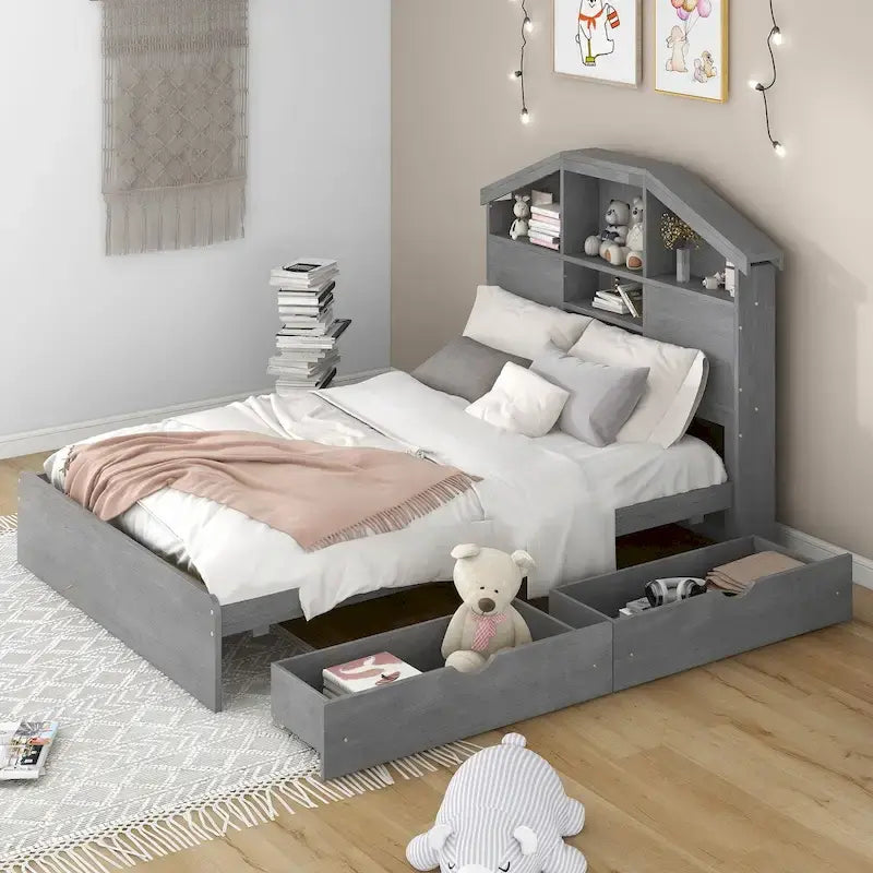 Letto a Piattaforma con Testiera a Casetta e 2 Cassetti – Noce / Grigio, Singolo