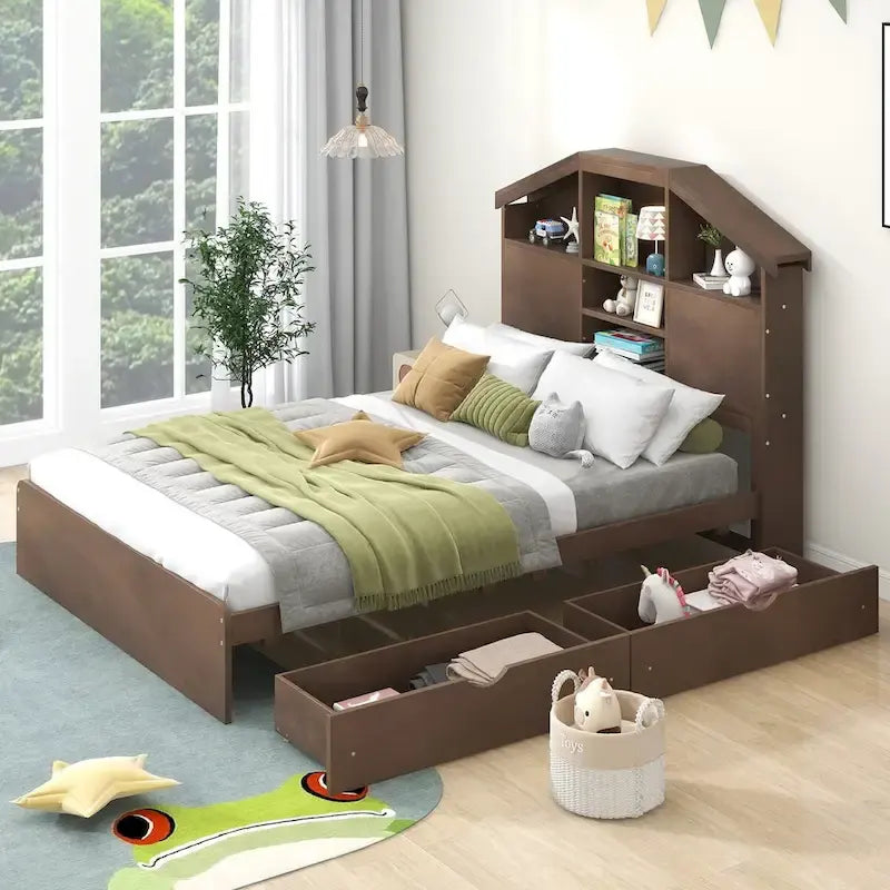 Letto a Piattaforma con Testiera a Casetta e 2 Cassetti – Noce / Grigio, Singolo
