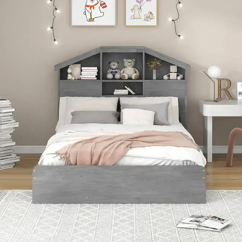 Letto a Piattaforma con Testiera a Casetta e 2 Cassetti – Noce / Grigio, Singolo