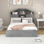 Letto a Piattaforma con Testiera a Casetta e 2 Cassetti – Noce / Grigio, Singolo