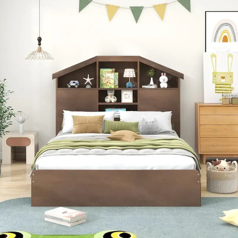 Letto a Piattaforma con Testiera a Casetta e 2 Cassetti – Noce / Grigio, Singolo