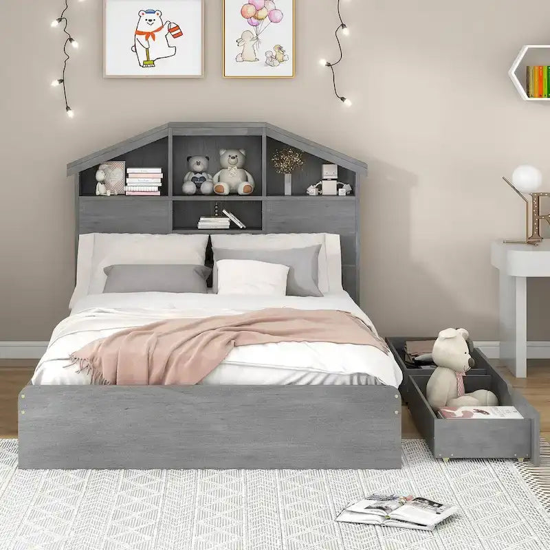 Letto a Piattaforma con Testiera a Casetta e 2 Cassetti – Noce / Grigio, Singolo