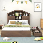 Letto a Piattaforma con Testiera a Casetta e 2 Cassetti – Noce / Grigio, Singolo
