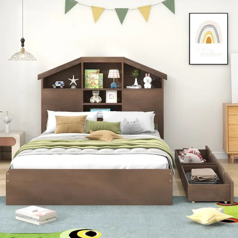 Letto a Piattaforma con Testiera a Casetta e 2 Cassetti – Noce / Grigio, Singolo