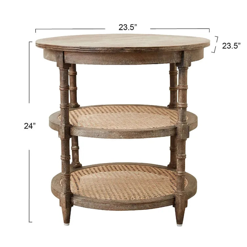 Tavolino rotondo con 2 ripiani in canna, marrone / bianco anticato / grigio decapato, 1 persona