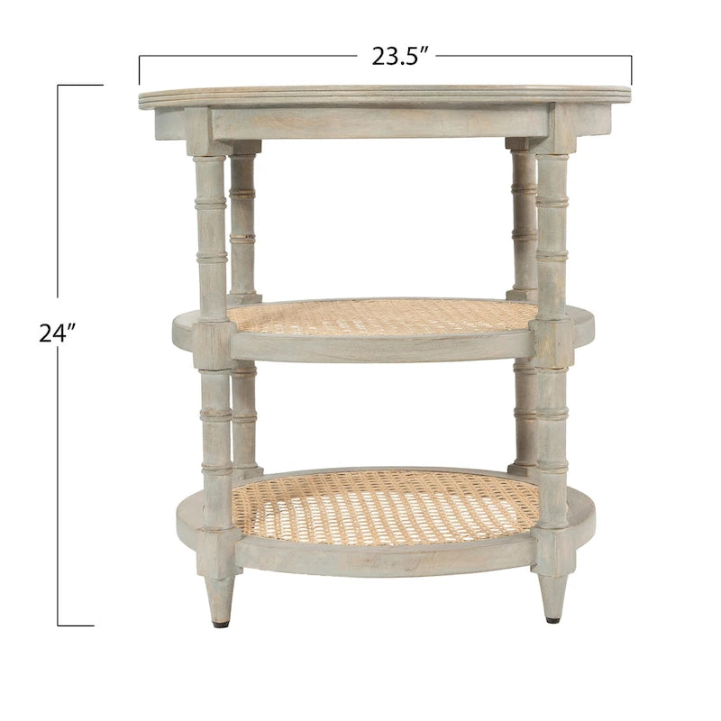 Tavolino rotondo con 2 ripiani in canna, marrone / bianco anticato / grigio decapato, 1 persona