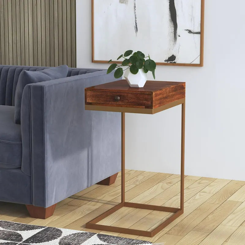 Tavolino a C in legno marrone con cassetto, 1 posto