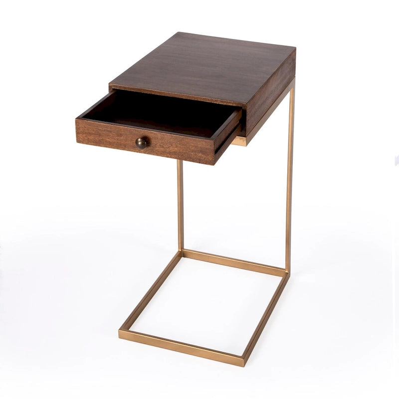 Tavolino a C in legno marrone con cassetto, 1 posto