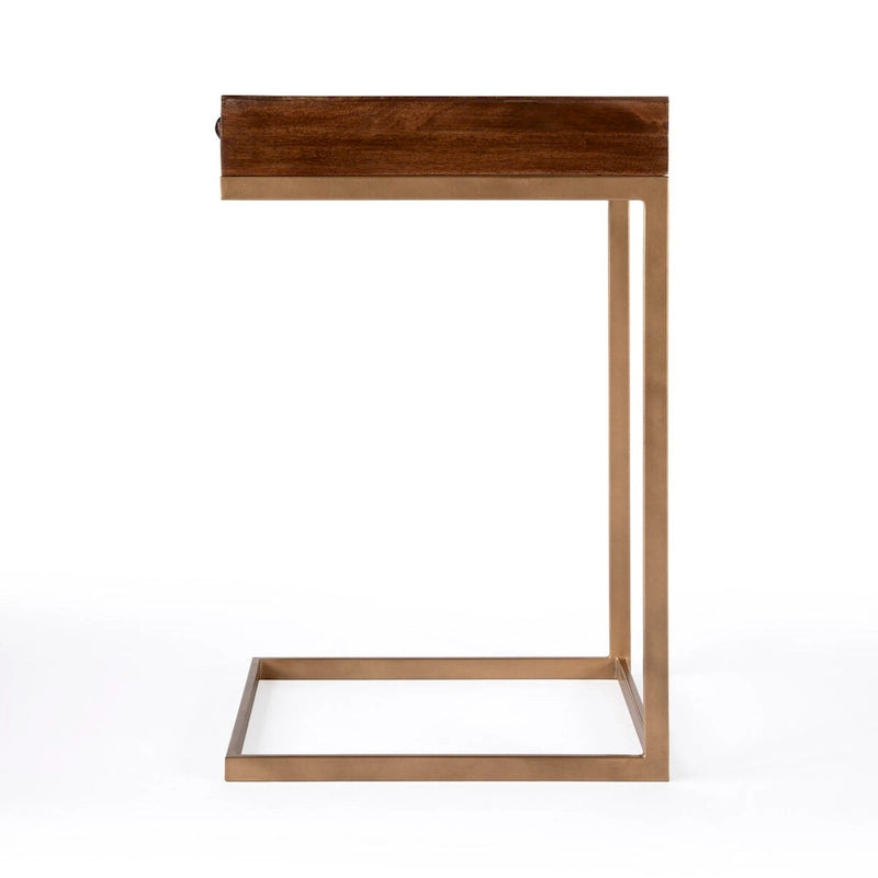 Tavolino a C in legno marrone con cassetto, 1 posto