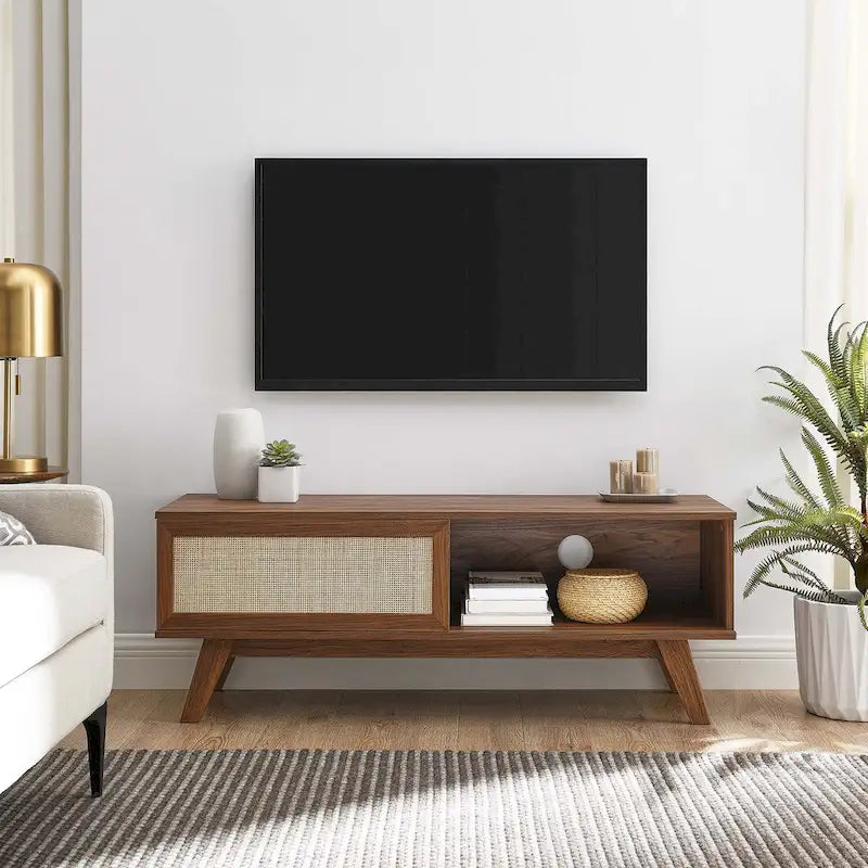 Mobile TV con ante scorrevoli in rattan da 47", Rovere / Noce, Adatto a TV fino a 52"