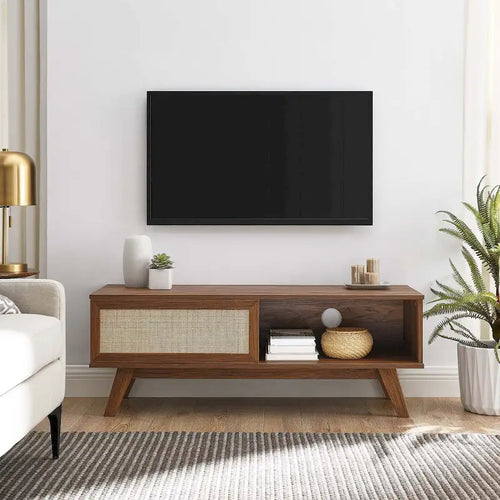 Mobile TV con ante scorrevoli in rattan da 47", Rovere / Noce, Adatto a TV fino a 52"