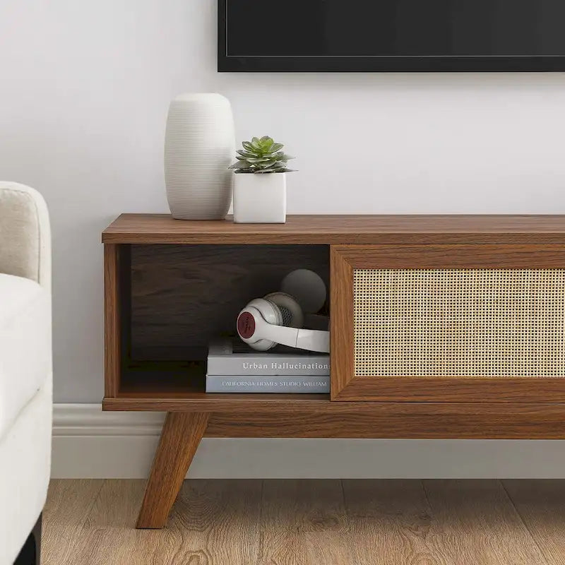 Mobile TV con ante scorrevoli in rattan da 47", Rovere / Noce, Adatto a TV fino a 52"