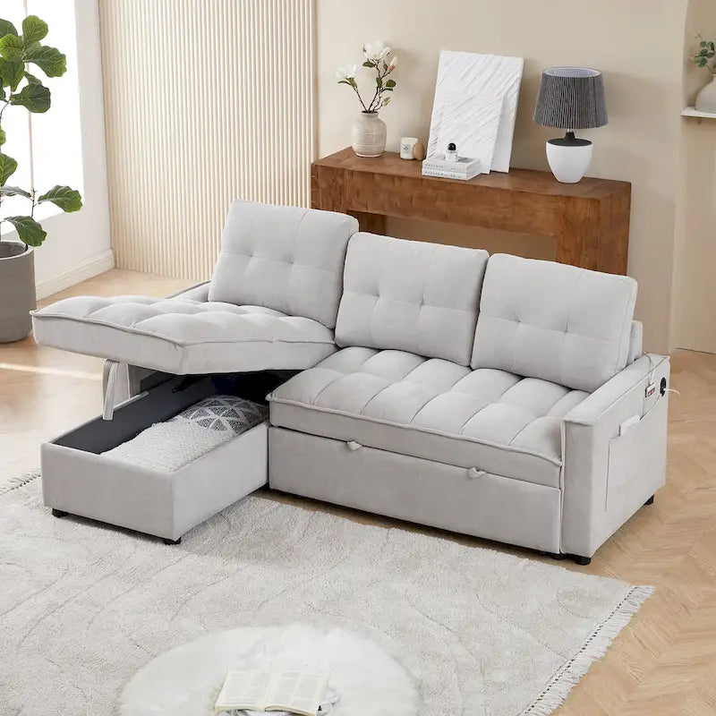 Copridivano Elastico Estensibile, Ad Angolo a L, 1/2/3/4 Posti — Grigio Chiaro / Beige