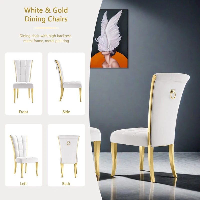 Sedia da pranzo in velluto bianco e oro, set da 2, seduta bassa