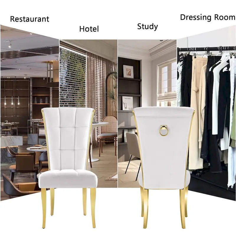 Sedia da pranzo in velluto bianco e oro, set da 2, seduta bassa