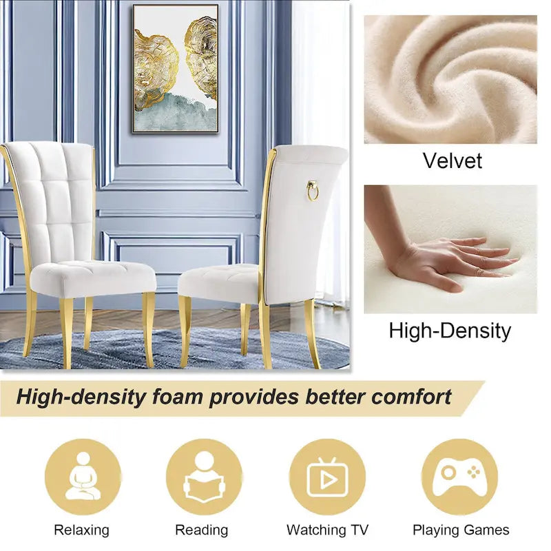 Sedia da pranzo in velluto bianco e oro, set da 2, seduta bassa