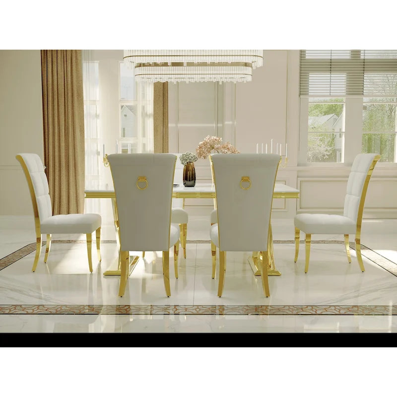 Sedia da pranzo in velluto bianco e oro, set da 2, seduta bassa