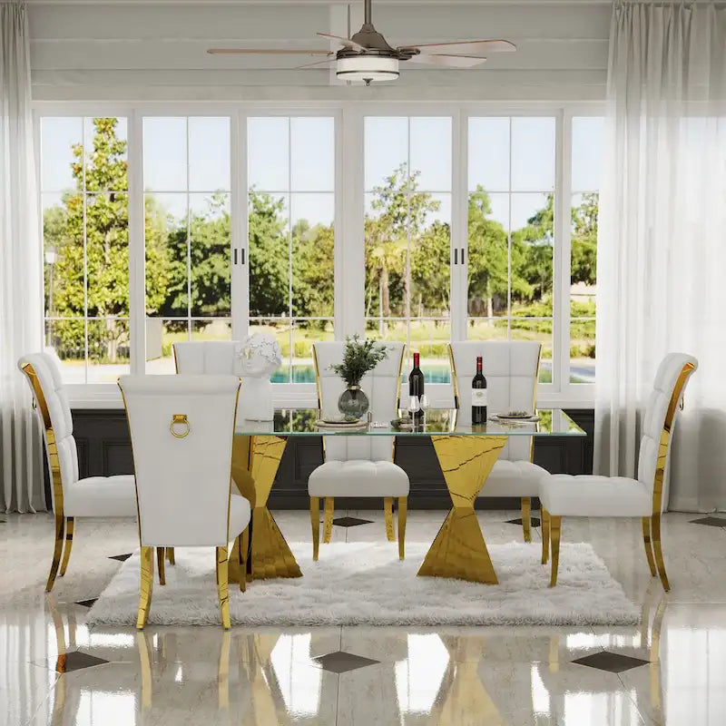 Sedia da pranzo in velluto bianco e oro, set da 2, seduta bassa